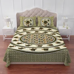 The Craft Monk Green & Yellow Printed Cotton 240 TC King Bedsheet With 2 Pillow Covers-image-55