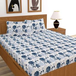 MORADO Blue & White Floral 210 TC Queen Fitted Bedsheet with 2 Pillow Covers-image-65