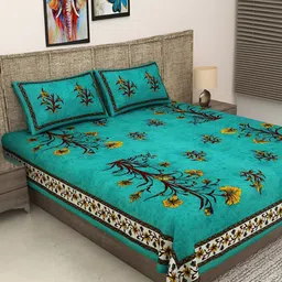 Wayne Martin Green & Red Floral Cotton 240 TC King Bedsheet With 2 Pillow Covers-image-40