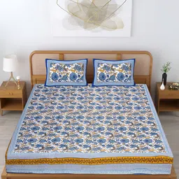 Wayne Martin Blue & White Floral Cotton 240 TC King Bedsheet with 2 Pillow Covers-image-61