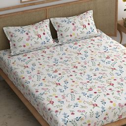 Srijee Decors White & Red Floral 210 TC Cotton King Fitted Bedsheet 2 Pillow Covers-image-31