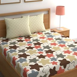 Srijee Decors Cream-Coloured & Brown 210 TC Cotton King Fitted Bedsheet 2 Pillow Covers-image-56