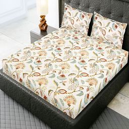 Srijee Decors Cream & Green Floral Cotton 210 TC Fitted King Bedsheet With 2 Pillow Covers-image-78