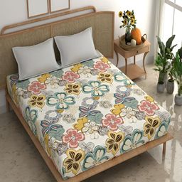 Srijee Decors Beige Floral 210 TC Fitted King Bedsheet with 2 Pillow Covers-image-83