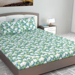 Divine Casa Prisham Blue & White Floral Cotton 144 TC King Bedsheet with 2 Pillow Covers-image-72