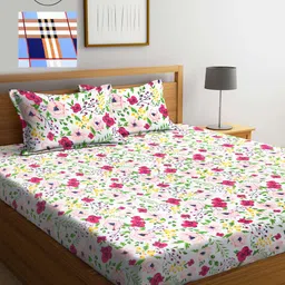 KLOTTHE White & Pink Floral 210 TC 2 King Bedsheet with 4 Pillow Covers-image-55