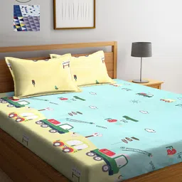 Arrabi Sea Green & Blue Graphic 300 TC 2 King Bedsheet with 4 Pillow Covers-image-33