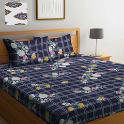 Arrabi Navy Blue & White Floral 300 TC 2 King Bedsheet with 4 Pillow Covers-21