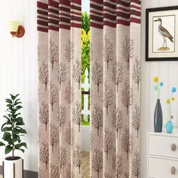 Homefab India Adults Maroon & Beige Set of 2 Jute Floral Room Darkening Window Curtain-26