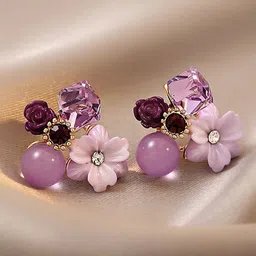 FIMBUL Beads & Stone Studded Floral Studs Earrings-35