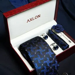 AXLON Men 3D Geometric Design Tie Set With Pocket Square-Cufflink & Flower Pin-11
