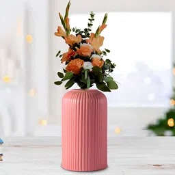 LASAKI Evelyn Pink Textured Cylindrical Ceramic Flower Vase-26