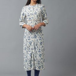 W Women White & Blue Floral Printed Thread Work Kurta-33