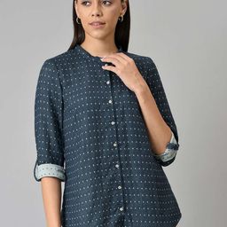 W Blue Printed Mandarin Collar Roll-Up Sleeves Shirt Style Top-picture-58