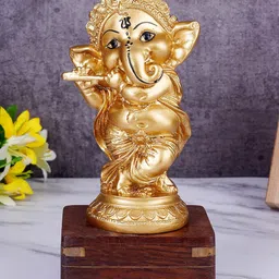 FASHIYANOO Gold-Toned Ganesh Idol With Bansuri Showpiece-4