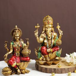CraftVatika Gold Toned & Red 2 Pieces Ganesha & Lakshmi Ceramic Idol Showpieces-image-88
