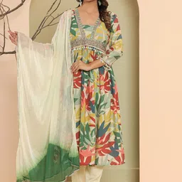 LALI JAIPUR Floral Printed V-Neck Empire Anarkali Kurta with Trousers & Dupatta-image-2