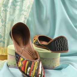 Anouk Black & Gold Toned Ethnic Fabric Square Toe Embroidered Mojaris-image-67