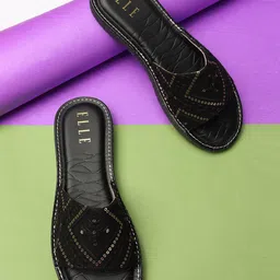 ELLE Embroidered Fabric Open Toe Flats-image-21
