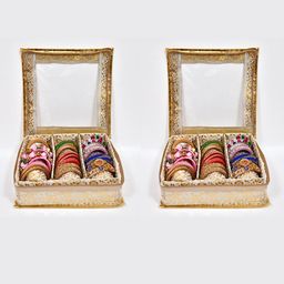 Home Fresh Gold-Toned & White 2 Pieces Self-Design 3-Rod Bangle Box Organizers-11