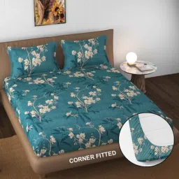 fine tex world Blue Floral 220 TC Microfibre King Size Fitted Bedsheet With 2 Pillow Covers-picture-13