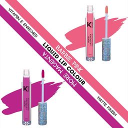 KINDED Set Of 2 Vitamin E Enriched Long Lasting Matte Liquid Lip Colour Lipstick 6 ml - Barbie Pink 01 & More Magenta 02-25