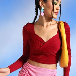 Veni Vidi Vici Maroon Sweetheart Neck Gathered Wrap Crop Top-image-92