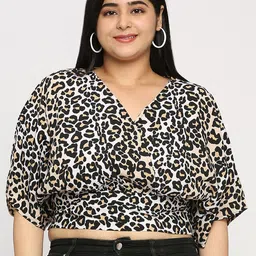 Style Quotient Beige Animal Print Extended Sleeves Crepe Wrap Crop Top-image-3