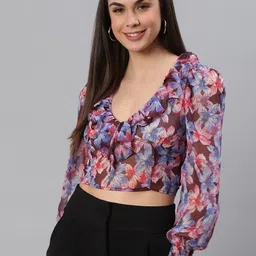 BAESD Floral Print Puff Sleeve Smocked Chiffon Fitted Crop Top-image-29