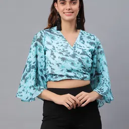 PRETTY LOVING THING Blue Print Chiffon Wrap Crop Top-image-2