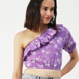 Moomaya Floral Printed One Shoulder Cotton Cinched Waist Ruffled Crop Top-image-60