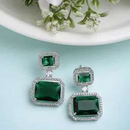 DressBerry Green Silver-Plated American Diamond Square Drop Earrings-58