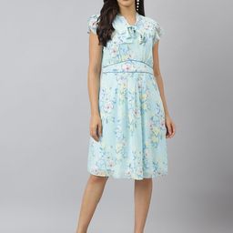 Latin Quarters Floral Printed Tie-Up Neck Fit & Flare Dress-image-83