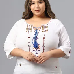 SAAKAA Plus Size Geometric Embroidered Tie-Up Neck Cotton Top-picture-18
