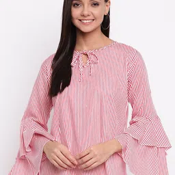 Mayra Red Striped Tie-Up Neck Top-image-69