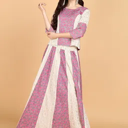 JAIPURI LIBAS Women Floral Printed Regular Pure Cotton Top with Skirt-18
