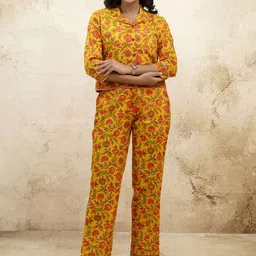 mokshi Floral Printed Shirt Collar Pure Cotton Top With Trousers-image-21