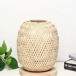 HABERE INDIA Beige Self-Design Cylindrical Bamboo Table Lamp With Wood Base-23