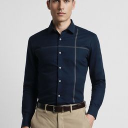 Peter England Elite Slim Fit Windowpane Checks Opaque Striped Formal Shirt-image-85