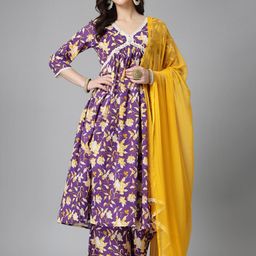 Stylum Violet & Yellow Floral Printed Empire Pure Cotton Kurta With Palazzos & Dupatta-4