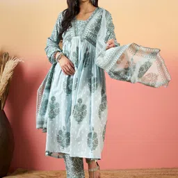 KALINI Women Floral Printed Regular Sequinned Pure Cotton Kurta with Trousers & With Dupatta-image-70