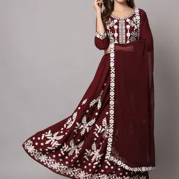 Meeranshi Round Neck Floral Embroidered Fit and Flare Ethnic Dress-40