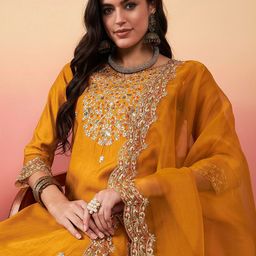 Indo Era Floral Embroidered Regular Thread Work Liva Kurta With Trousers & Dupatta-image-96