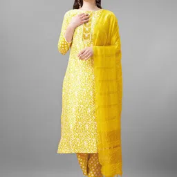 ARADHNA Floral Printed Regular Thread Work Kurta With Trousers & Dupatta image 1