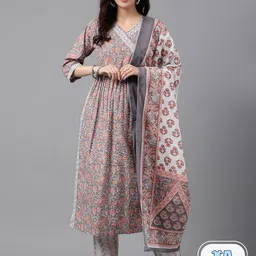 SAABHI Floral Printed Angrakha V-Neck Pure Cotton Kurta & Trousers With Dupatta-image-5