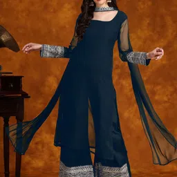 Sangria Teal Blue Floral Embroidered Straight Kurta With Palazzo & Dupatta Set-22