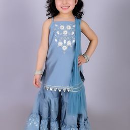 LIL DRAMA Girls Floral Embroidered Regular Thread Work Kurta with Sharara & Dupatta-image-53