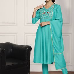 Anouk Floral Embroidered V-Neck A-Line Kurta With Trousers & Dupatta-image-36