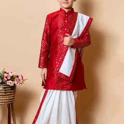 BAESD Boys Embroidered Straight Sequinned Dupion Silk Kurta with Dhoti Pants & Dupatta-36