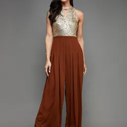Miss Chase Rust & Gold-Toned Halter Neck Basic Jumpsuit-image-19